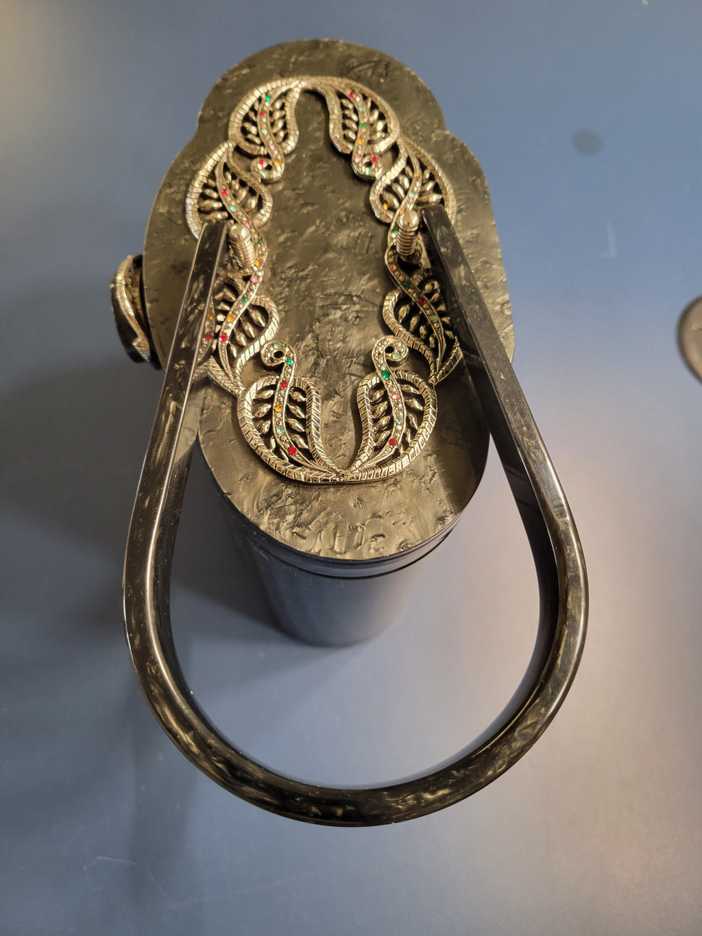 Exquisite 1950s Wilardy Jeweled Black Lucite Box Purse – Silver Filigree & Ruby Accents