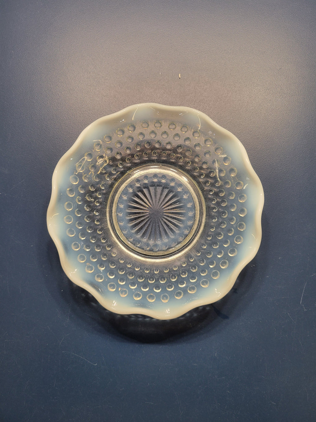 Vintage 1940s Anchor Hocking Moonstone Hobnail Opalescent Ruffled Bowl – Near Mint!