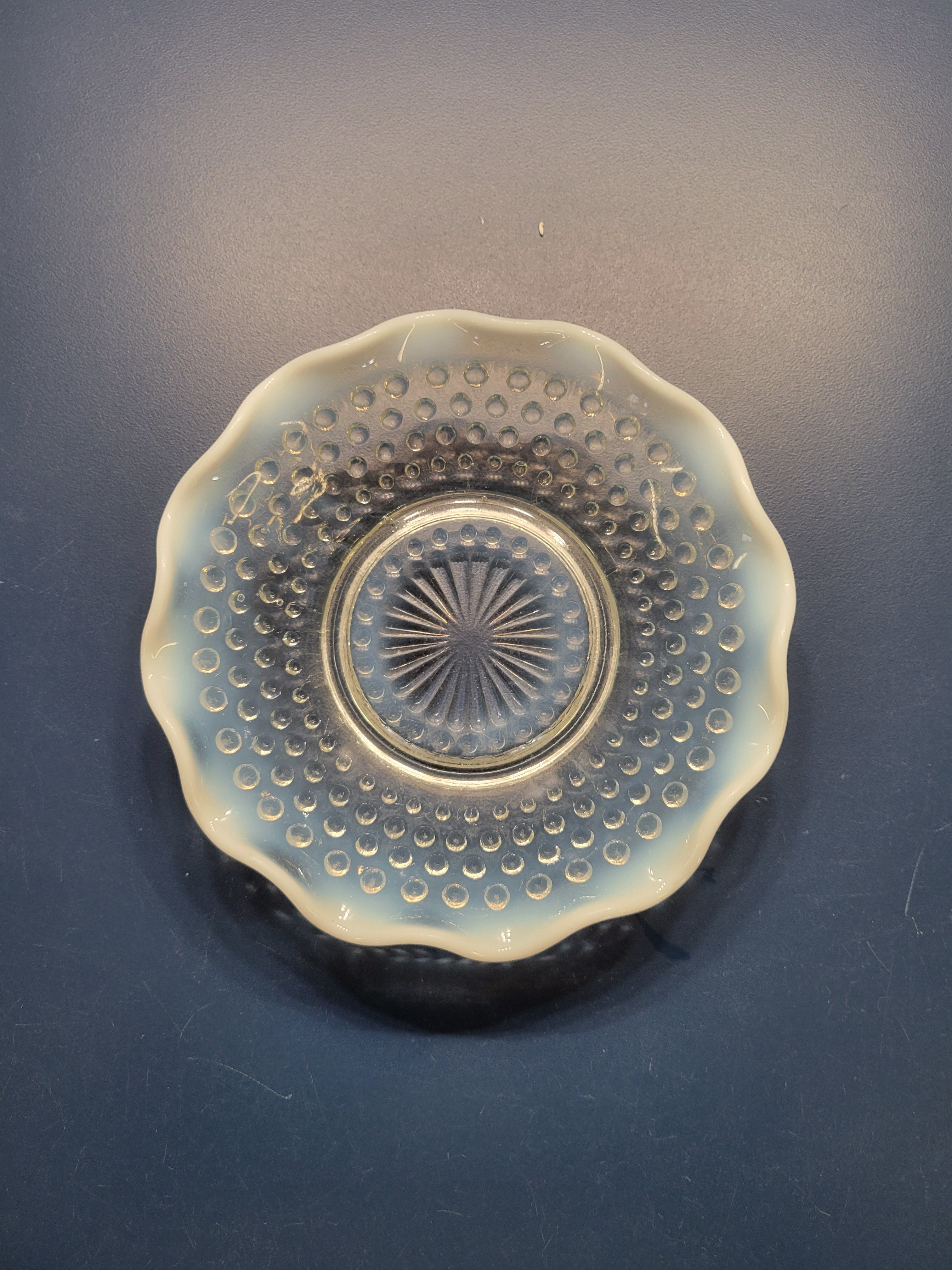 Vintage 1940s Anchor Hocking Moonstone Hobnail Opalescent Ruffled Bowl – Near Mint!