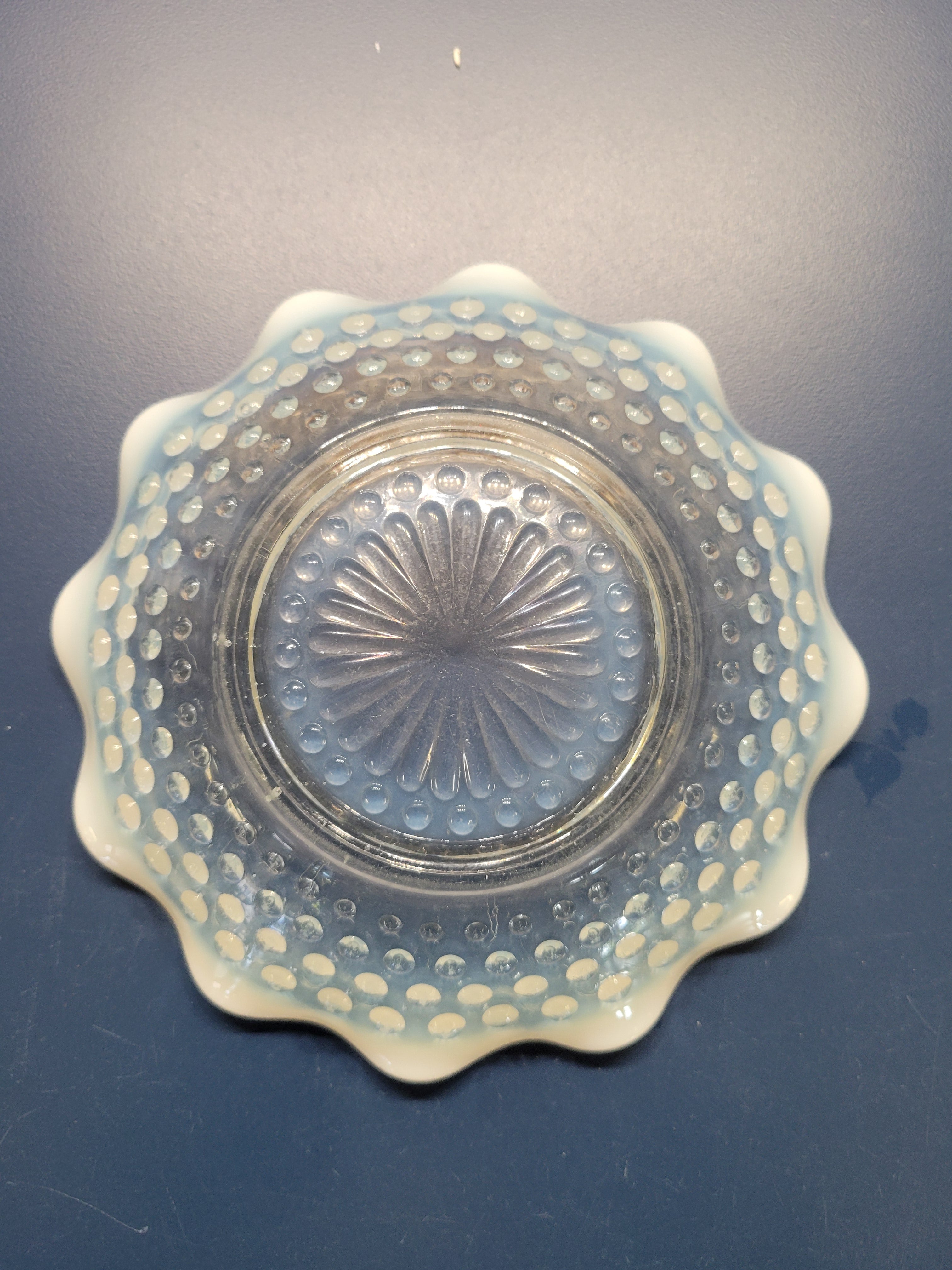 Vintage 1940s Anchor Hocking Moonstone Hobnail Opalescent Ruffled Bowl – Near Mint!