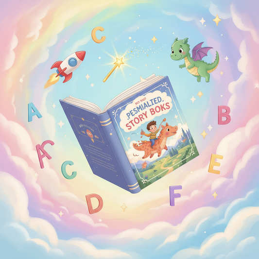 Whimsical personalized story book cover with colorful illustrations
