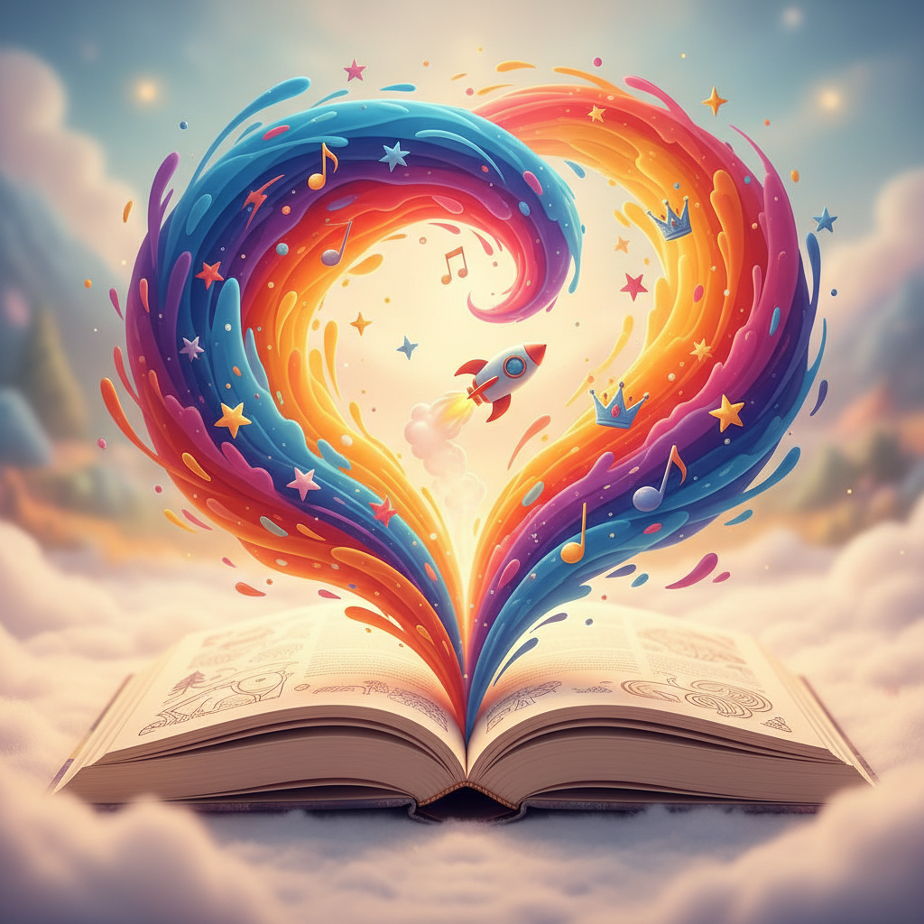 Colorful sound waves bursting from an open book for personalized audio story