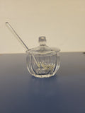 Vintage Glass Honey Pot w/ Spoon & Lid – Amber Pressed Glass – Retro Kitchen Vibes